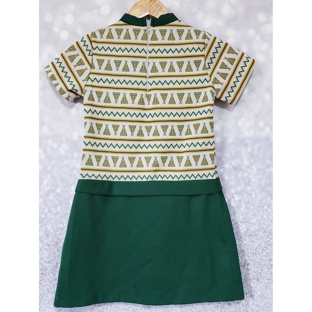 Vtg Sears Roebuck Girls Green Dress Zig Zag Teepee Pattern Drop Waist Sz 10 - Picture 2 of 13